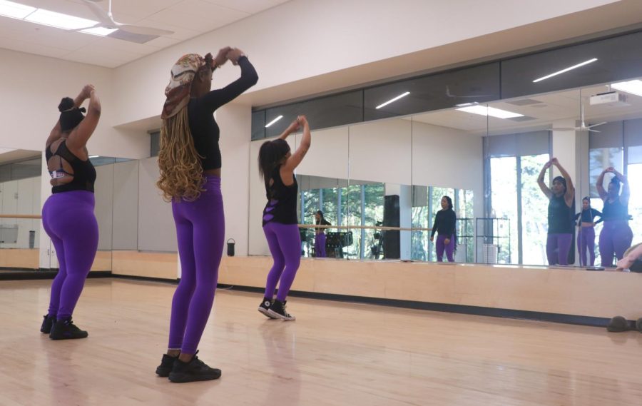 Members of the Dancing Divas practice inside the Mashouf Wellness Center at SF State on March 8, 2023. The Divas are getting ready for a dance workshop collaboration with majorette dance team, Bay Dolls, of Cal East Bay.(Gina Castro / Golden Gate Xpress)