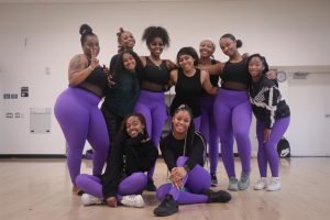 The Dancing Divas pose for a portrait inside the Mashouf Wellness Center at SF State on March 8, 2023. The group was founded in May 2019 and the first auditions were held in August 2019.  (Gina Castro / Golden Gate Xpress)
