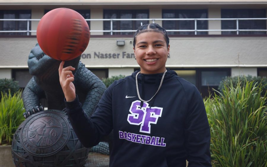 Jolene Armendariz poses for a portrait outside of Don Nasser Family Plaza at SF State on Wednesday, March 29, 2023. Armendariz broke the single game and season record for most 3-pointers. (Gina Castro / Golden Gate Xpress)
