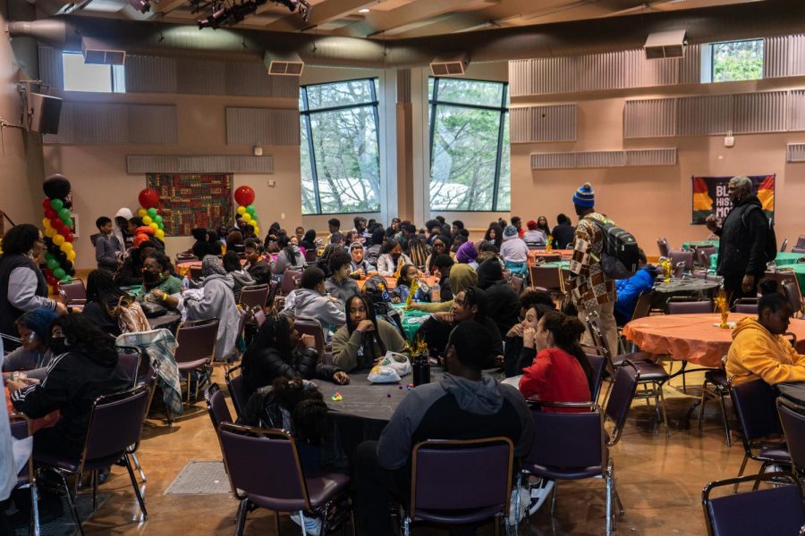 Groups of students conversate as they attend the first annual Black History Month Conference at the Jack Adams Hall at SF State on Tuesday, Feb. 28, 2023. (David Jones / Golden Gate Xpress)