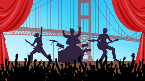 An illustration of a band performing in front of a large crowd with the Golden Gate Bridge in the background. (Aiden Brady / Golden Gate Xpress) 