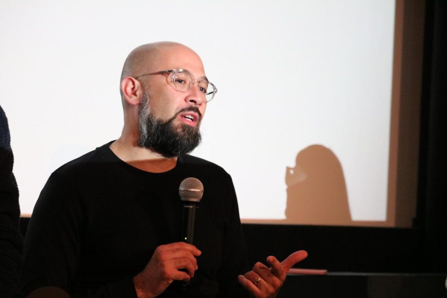 Director Rodrigo Reyes answers questions about his film Sansón and Me inside SF State’s Coppola Theater on March 15, 2023. (Michelle Ruano / Golden Gate Xpress)