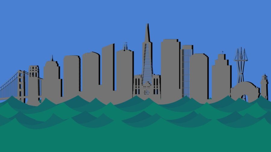 An illustration of the San Francisco skyline with the bay colored in green to represent Saint Patrick’s Day. (Miguel Francesco Carrion / Golden Gate Xpress)