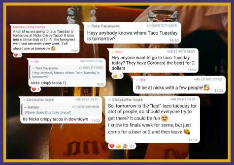 Messages mentioning Taco Tuesday and Nick’s Crispy Tacos from the “SFSU Fall 2022” WhatsApp group written by exchange students. Background photo of Coronas courtesy of Lya Zhang. (Andrea Gallego Rodriguez/ Golden Gate Xpress)