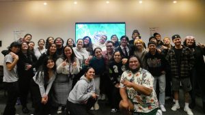 Members of the Pacific Islander Student Association gather for a group picture at the end of their birthday mixer in room 116 of the Ethnic Studies building on Wednesday. (Anessa Bailon / Golden Gate Xpress)