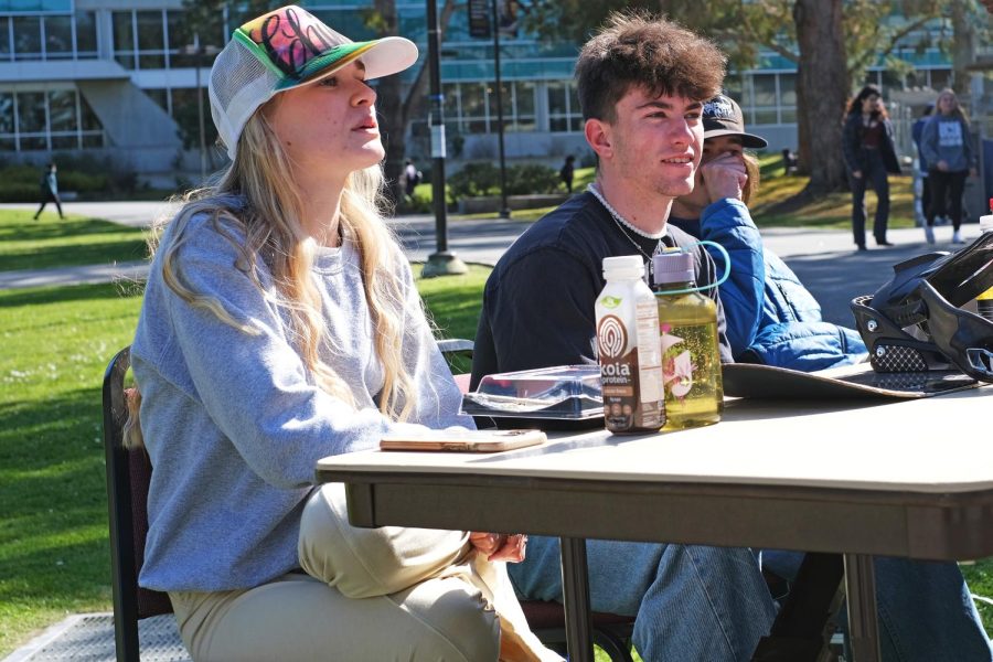 (L-R) Isabella Wallace, Jackson Lechner-Siedlik, and Blake Yamauchi give their opinion on former president Trump’s indictment, on April 4, 2023. (Andrew Fogel/ Golden Gate Xpress)