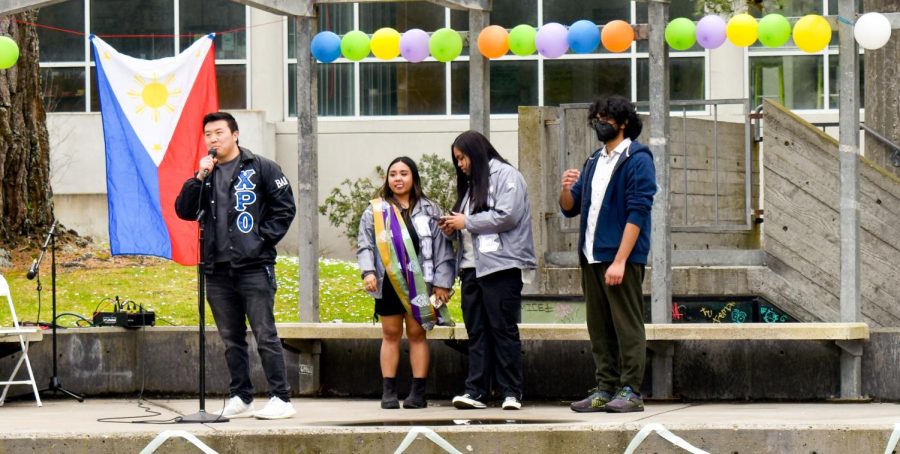 The four Filipino American student organizations introduce themselves at Filipino Mural Celebration at SF State on Saturday, April 9, 2023. (Chris Myers/ Golden Gate Xpress)
