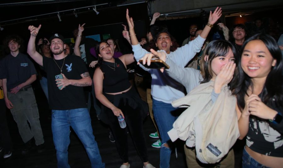Students and audience members dance together as they enjoy the DJ competition at SF State’s The Depot on May 9, 2023. (Tam Vu / Golden Gate Xpress)