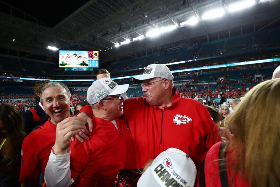 From left: Kansas City Chiefs Defensive Coordinator Steve Spagnulo, Tight Ends coach Tom Melvin and Head Coach Andy Reid celebrate their Super Bowl LIV victory over the San Francisco 49ers at Hard Rock Stadium in Miami, Fla. on Feb. 2, 2020.(Photo courtesy of the Kansas City Chiefs)