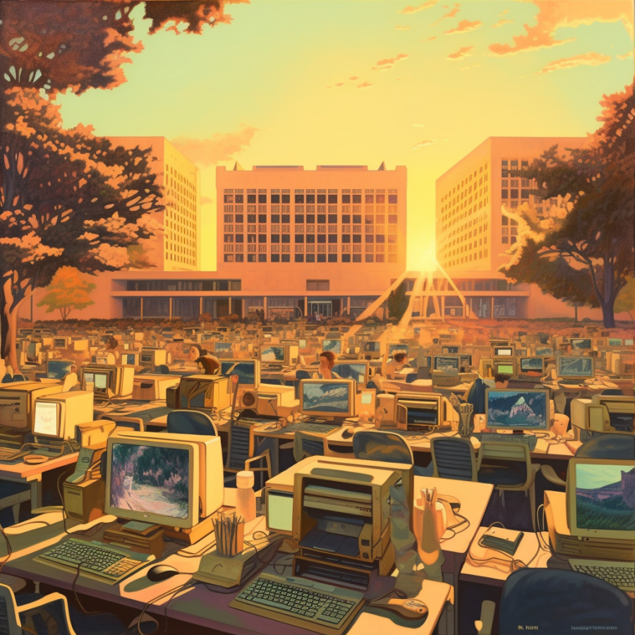 Photo illustration generated via AI inspired by media literacy. The illustration shows buildings, computers and a sunset. (Illustration by Joshua Carter / Golden Gate Xpress) 
