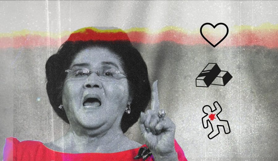 An illustration of Imelda Marcos with symbols that represent love, stolen wealth, and dead bodies. (Illustration by Miguel Francesco Carrion / Golden Gate Xpress. Photo by Artur Widak / Getty Images)