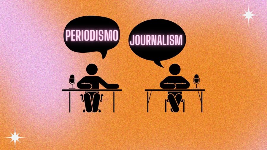 An illustration of two podcasters with the one on the left saying “Periodismo” and “Journalism” on the right. This podcast explores the experiences of bilingual journalists in and out of the
newsroom. (Tam Vu / Golden Gate Xpress)