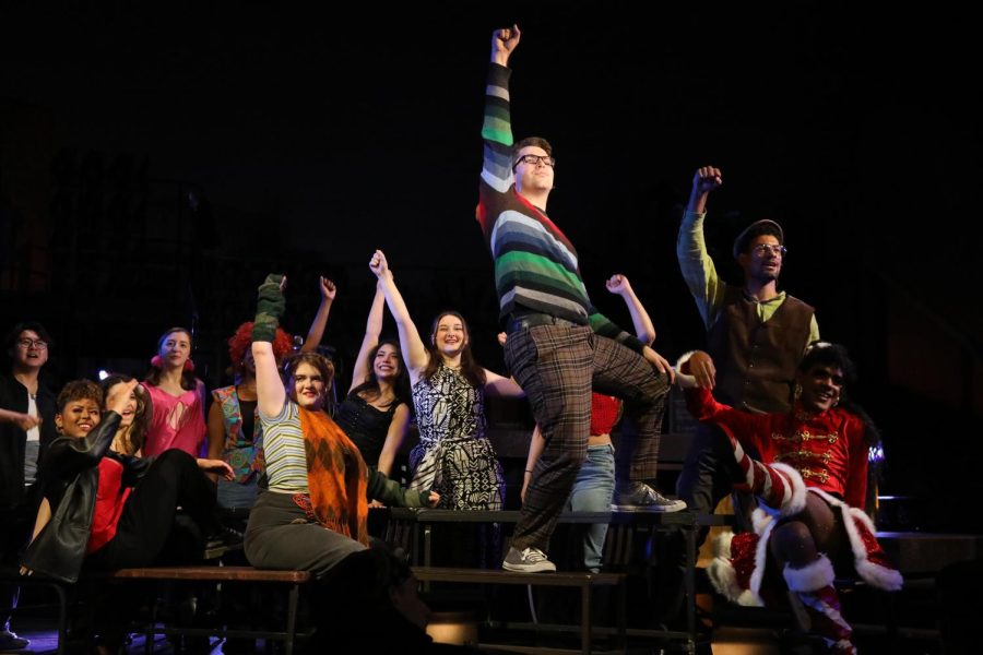 Delaney Dorsey, Kennedy Brock, Zach Calzadillas, Denzel Ndongosi, Keegan Jones (left to right) and ensemble perform “La Vie Boheme” during SF State’s production of “RENT” on May 4, 2023. (Photo Courtesy: Richard Mayer)
