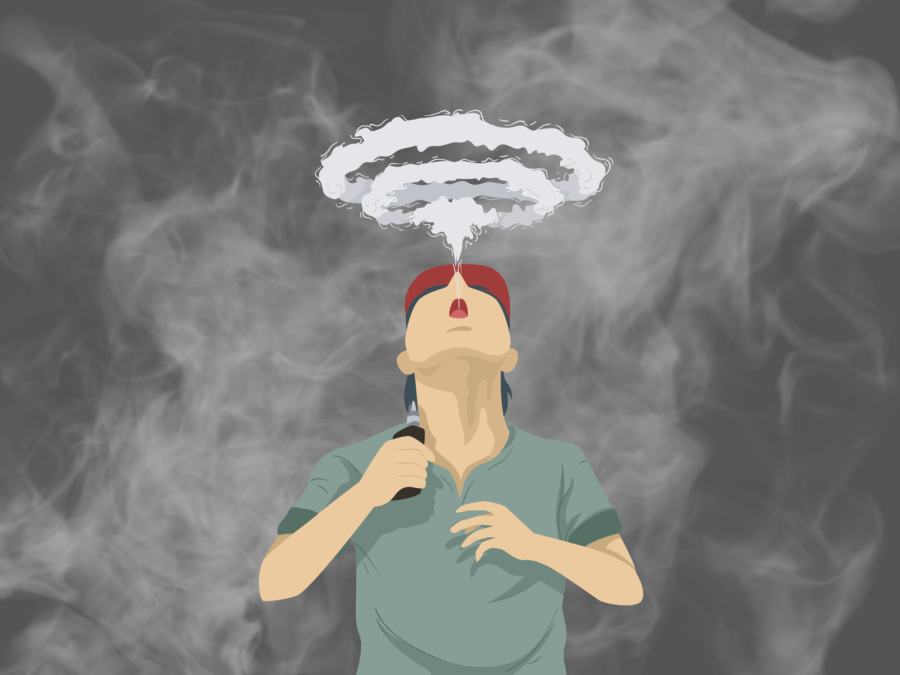 An illustration depicting someone blowing a cloud of vapor. (Jenna Mandarano / Golden Gate Xpress)