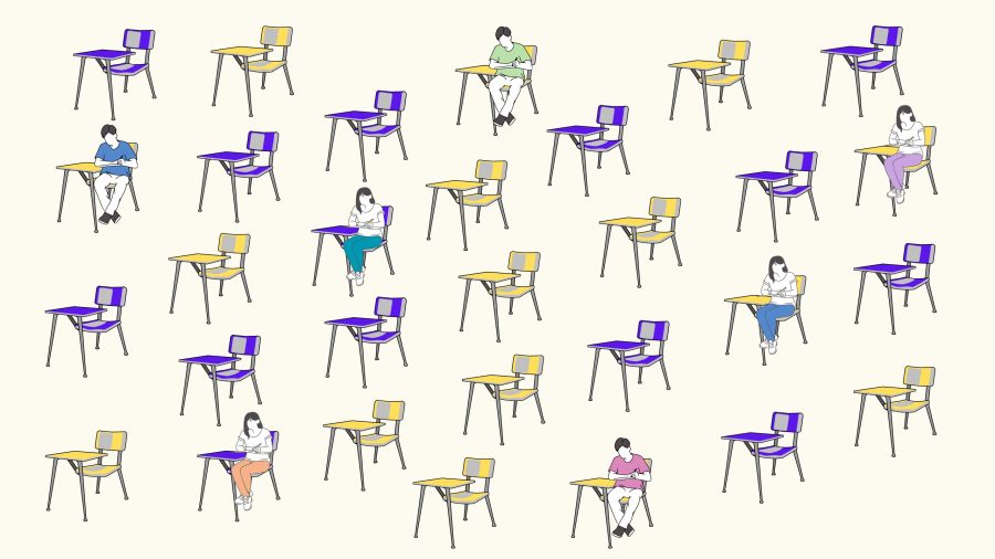 Students sit in an almost empty classroom. Student enrollment continues to decline at SF State.
(Illustration by Alexis Alexander / Golden Gate Xpress) 