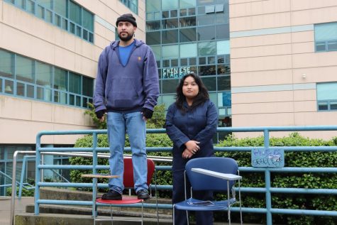 Sonia Espiritu, the co-founder and president of the Coalition for Equity and Justice, and Daniel Patinto, recruitment coordinator pose for a portrait in front of the Humanities Building at SF State on Feb. 27, 2023. (Daniela Perez / Golden Gate Xpress) 