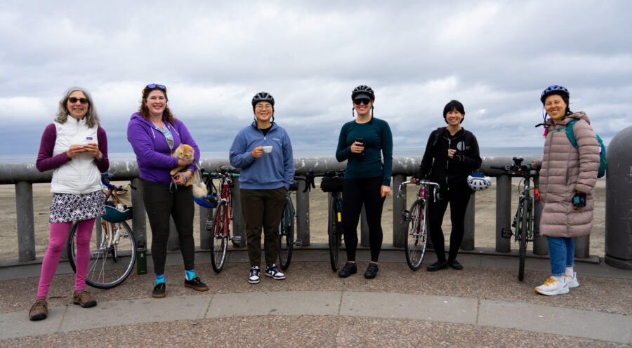 The SF Women and Nonbinary cycling group (left to right)  Nancy Botkin, Marie Jonas, Kimberly Chu, Hannah Coughlin, Alice Lin, and Alex Porras enjoyed their brisk morning ride to Ocean Beach from Golden Gate Park; their routine for exercise, community outreach and healing. (Michaela Mateo/Golden Gate Xpress)