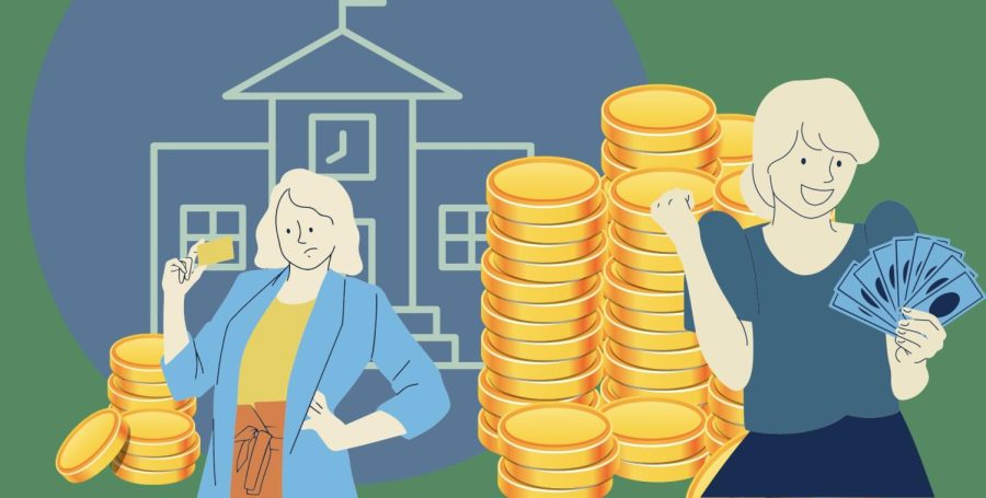 An illustration of a woman (left) looking unhappy with her money and another woman (right) looking satisfied with hers with a school building behind them. (Andrea Jiménez / Golden Gate Xpress).