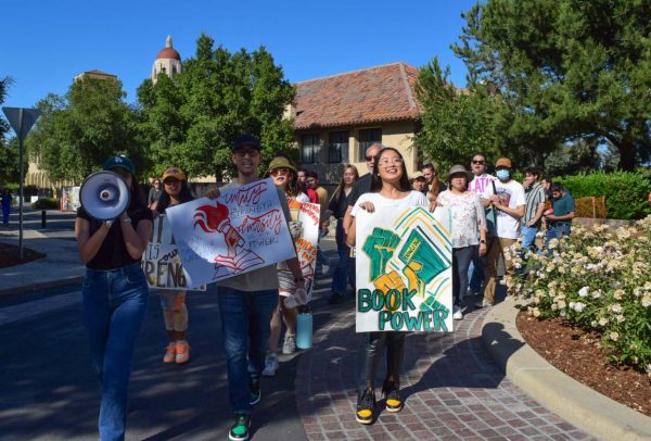 Salma Pacheco (L), Jaden Calderon (M) and Nina Chuang (R) lead protestors through Stanford University on July 5, 2023. Protestors chant “Diversity is our power, unity is our strength”. (Andrea Jiménez / Golden Gate Xpress)
