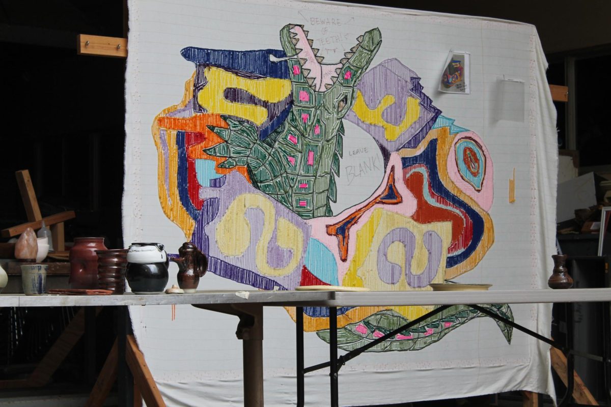 Ceramic pieces and textile tapestry of the campus mascot at the sculpture area in the Fine Arts Building at SF State’s campus in San Francisco on July 3rd, 2023. (Ishaan Pratap / Golden Gate Xpress) 
