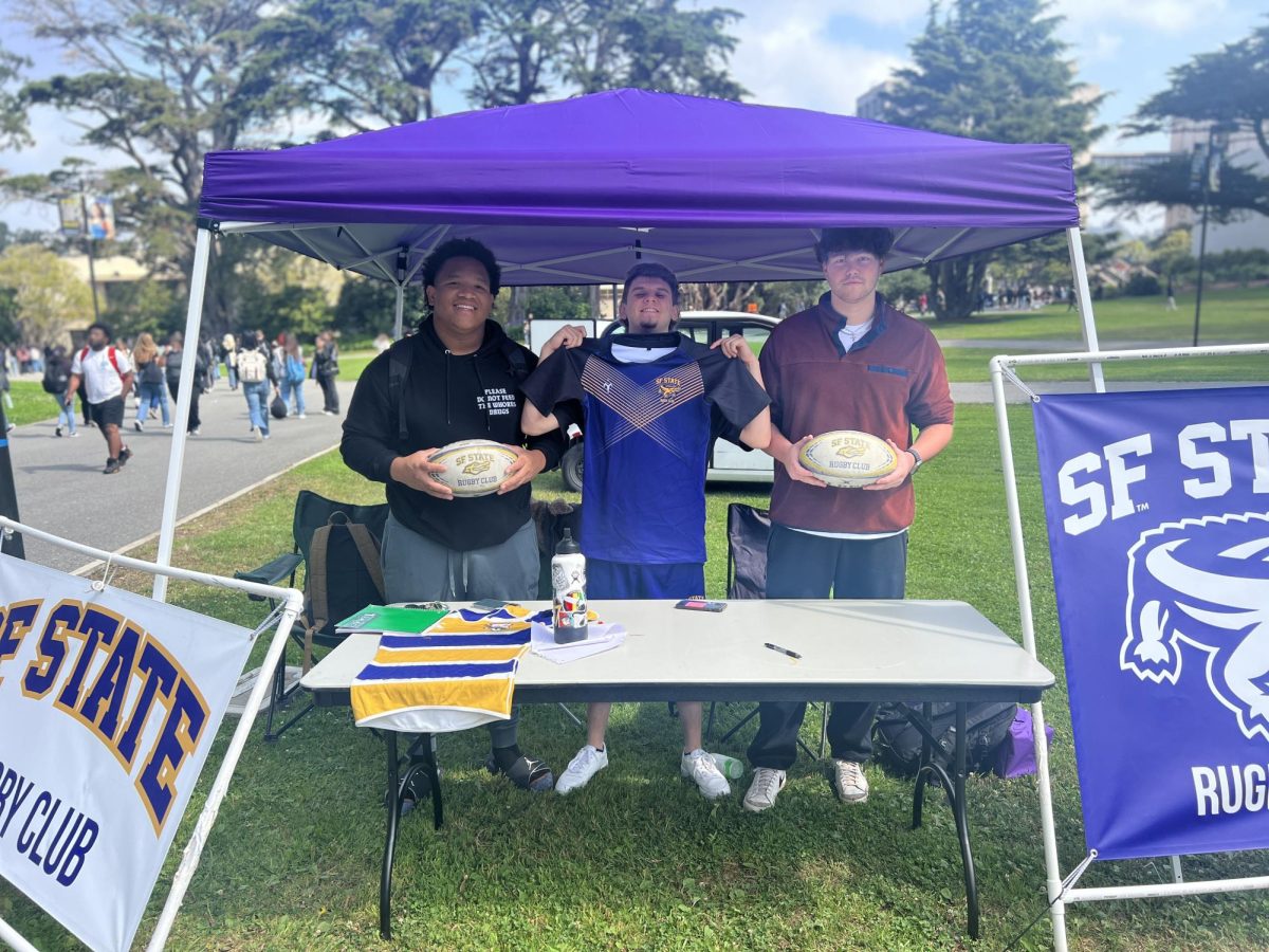 San Francisco State Gators Rugby Football Club enjoy their time at Club Rush and hope for new recruits on Monday August 21, 2023. (Ryosuke Kojima / Golden Gate Xpress)