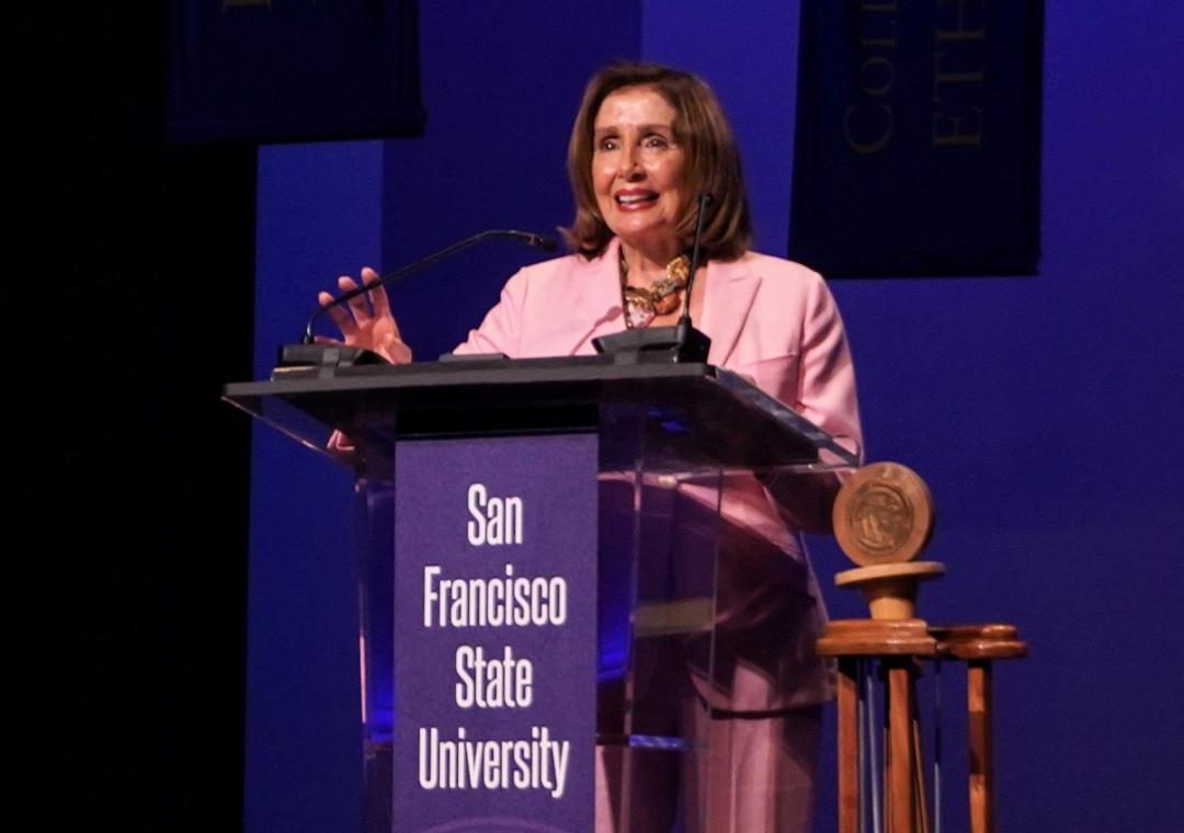  House Speaker Emeritus Nancy Pelosi speaks at the SF State Opening Convocation in McKenna Theatre on August 17, 2023. (Neal Wong/Golden Gate Xpress)