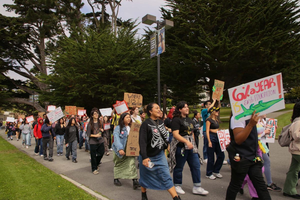 Students march through the quad of SFSU’s campus while holding up their signs and chanting on September 11, 2023. (Tam Vu / Golden Gate Xpress)