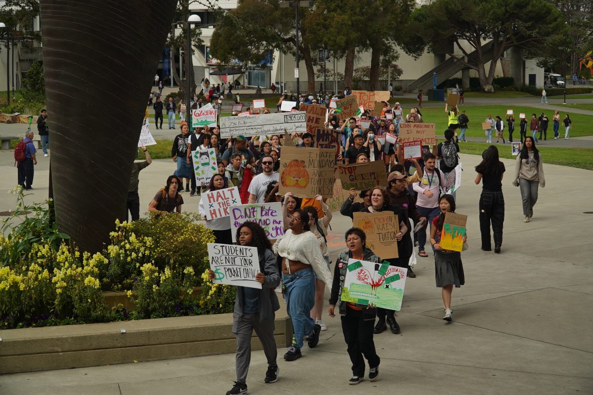 Students hold signs and march in protest of proposed tuition
increase at SF State on Monday, Sept. 11, 2023. (Neal Wong / Golden Gate Xpress)