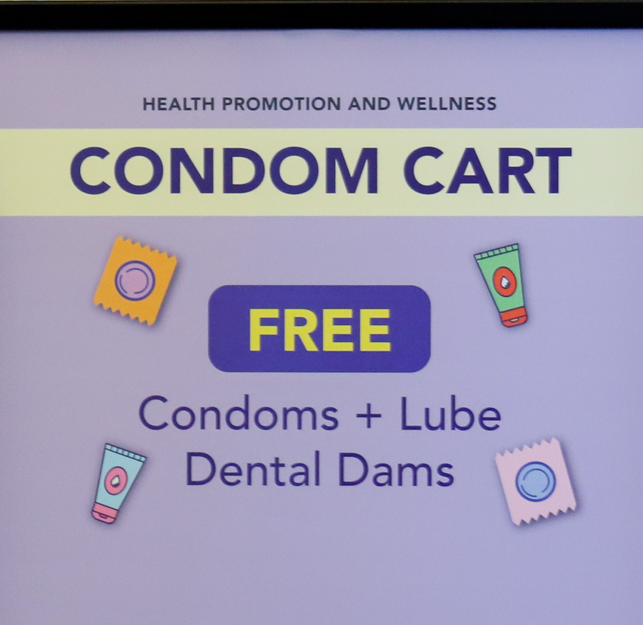 Photo of the Condom Cart, located inside the Health Promotion & Wellness building. Where students and staff can come pick up anything they’d like off the cart for free, Sept. 12, 2023. ( Colin Flynn/ Golden Gate Xpress) 
