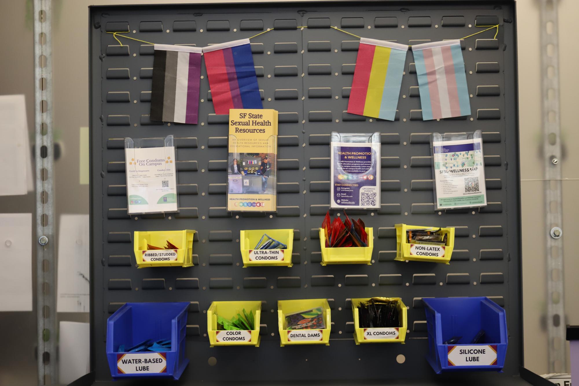 Photo of the Condom Cart, located inside the Health Promotion & Wellness building. Where students and staff can come to pick up anything they’d like off the cart for free, Sept. 12, 2023. (Colin Flynn/ Golden Gate Xpress) 
