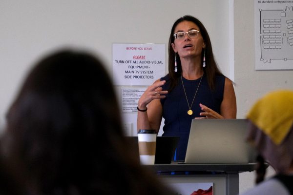 Kristen Carpenter gives her presentation “Indigenous Lands and Human Rights in the United States” during Rights and Wrongs: A Constitution and Citizenship Day Conference at San Francisco State University on Sept. 19, 2023. (Andrew Fogel/ Golden Gate Xpress)

