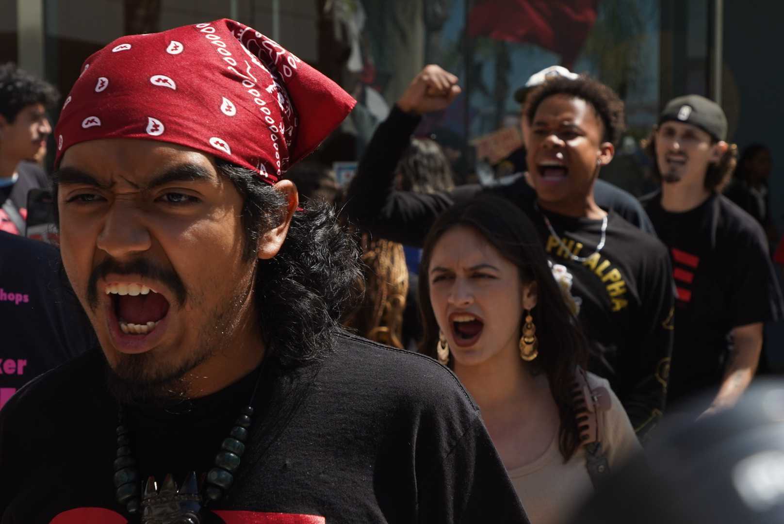 Students protest in front of Dumke Auditorium in Long Beach, CA on Sep. 12, 2023. (Daniel Hernandez)