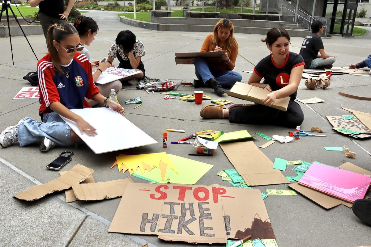 SFSU students gathered at Malcolm X Plaza to make signs to prepare for the upcoming rally on Sep. 9, 2023 (Adriana Hernandez / Golden Gate Xpress) 