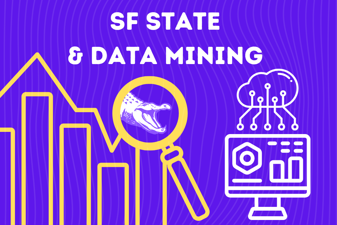 A graphic titled “SF State & Data Mining” representing the collection and analysis of data. (Andrew Fogel / Golden Gate Xpress)

