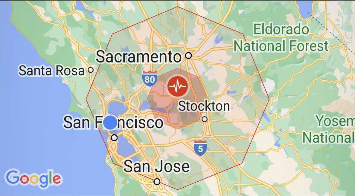 A map of the 4.1 magnitude earthquake centered near Isleton, CA, on Wednesday, Oct. 18, 2023 (Courtesy of Google Pixel 8 Pro alert).
