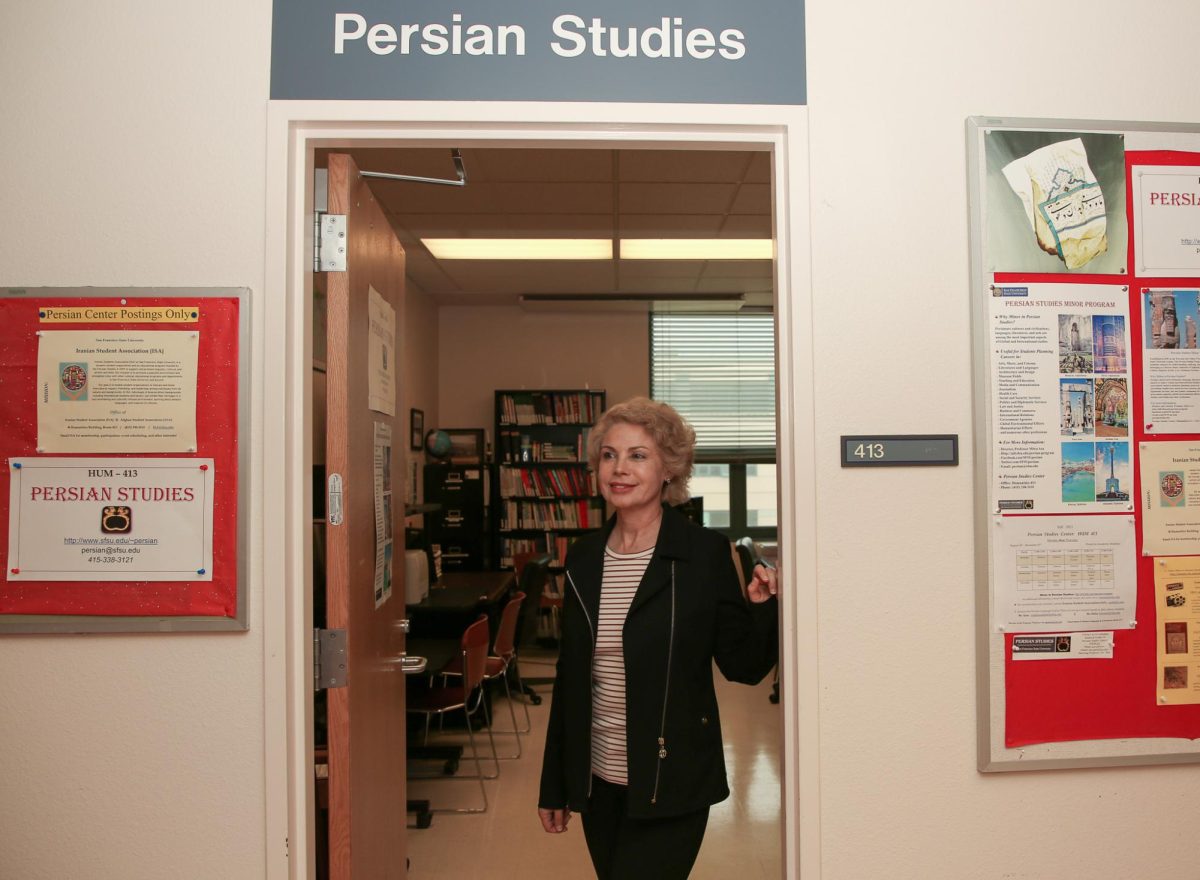 Professor of Persian Studies and the founder and director of the Persian Studies Minor program, Mitra Ara, since 2007, poses for a photo in front of the Persian Center at San Francisco State University on Oct. 17, 2023 (Tam Vu / Golden Gate Xpress) 