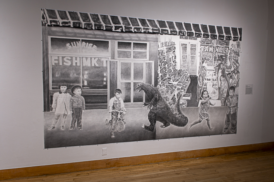 Craig Nagasawa’s, Japantown: Sunrise Fish Market, on display at the SF State Fine Arts Gallery, for, See You Space Cowboy…From Hokusai to Hiphop on Oct. 12, 2023. (Matthew Ali/ Golden Gate Xpress)
