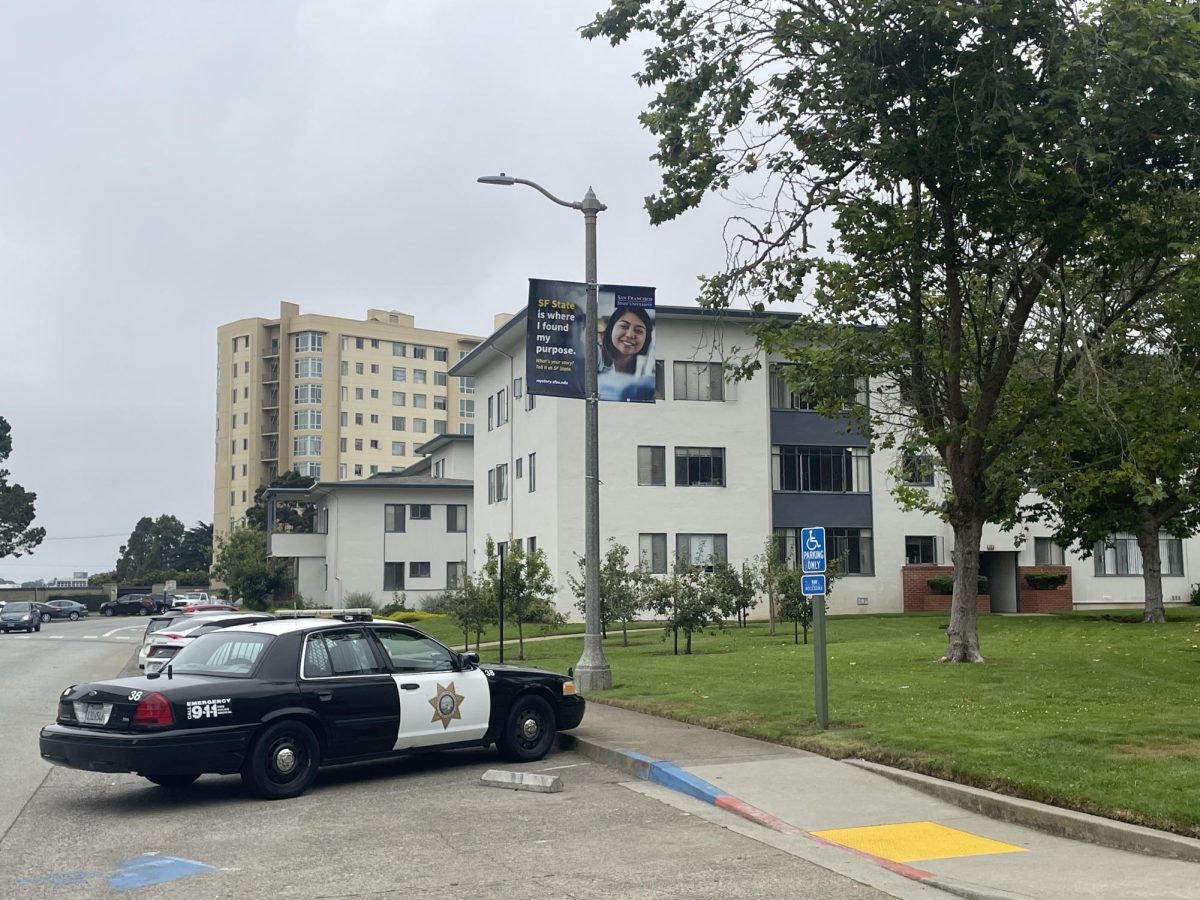 Police car parked in front of SFSU housing building early Fall 2023 semester. (Stephanie King/ Golden Gate Xpress)