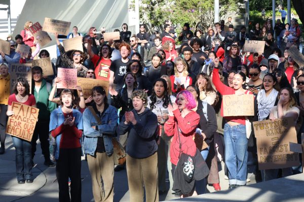 Students walkout and protest in response to the university’s decision to cut 655 classes, compounded by a recent tuition hike, on Nov. 28, 2023. (Feven Mamo/ Golden Gate Xpress) 
