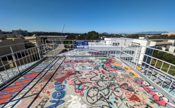  The top of the Cesar Chavez Student Center is seen on Oct. 18, 2023. (Neal Wong / Golden Gate Xpress)
