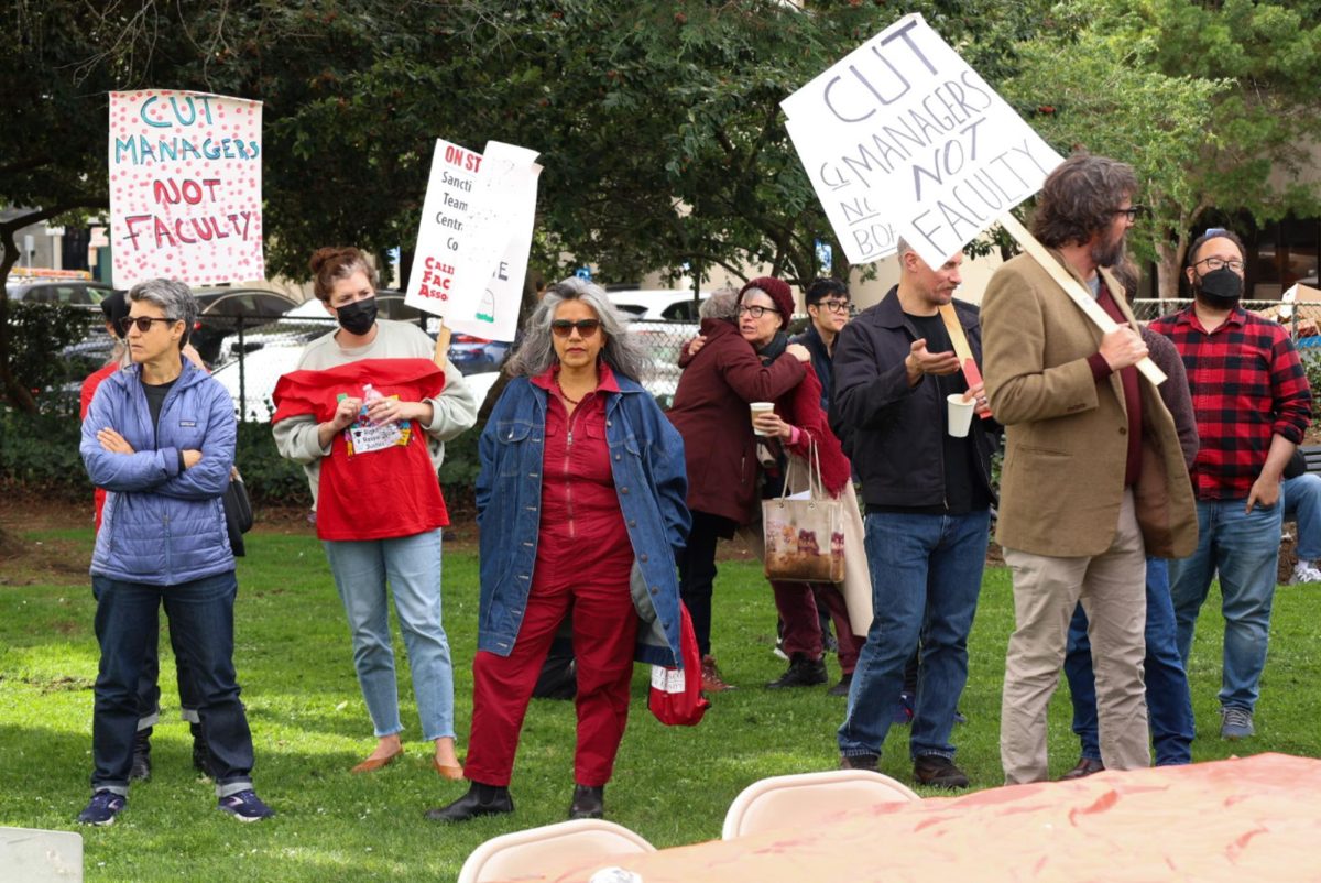 Educators and faculty members of San Francisco State University at the CFA rally for fair wages on Nov. 15, 2023. (Feven Mamo / Golden Gate Xpress)