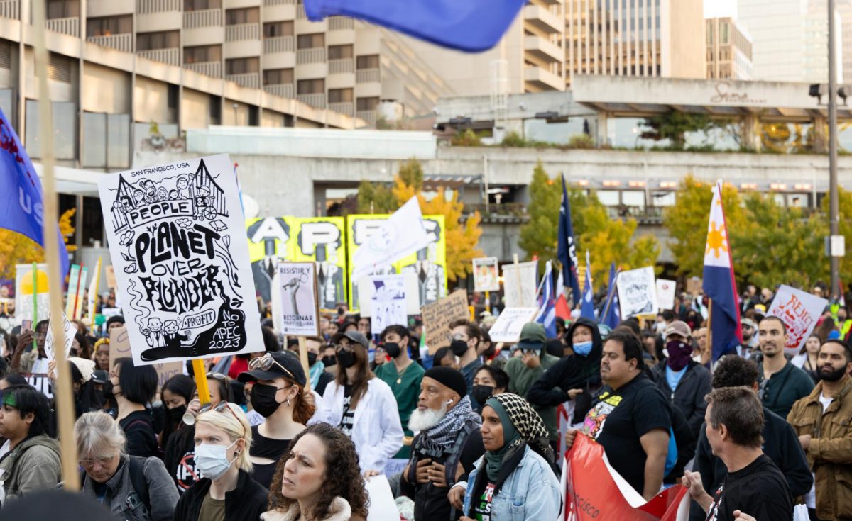 The No to APEC Mass Mobilization at Embarcadero Plaza gathered around an estimated 10,000 protesters on Nov. 12, 2023 to shut down the Asia-Pacific Economic Cooperation summit scheduled to be hosted in the city of San Francisco. (Michaela Mateo / Golden Gate Xpress)

