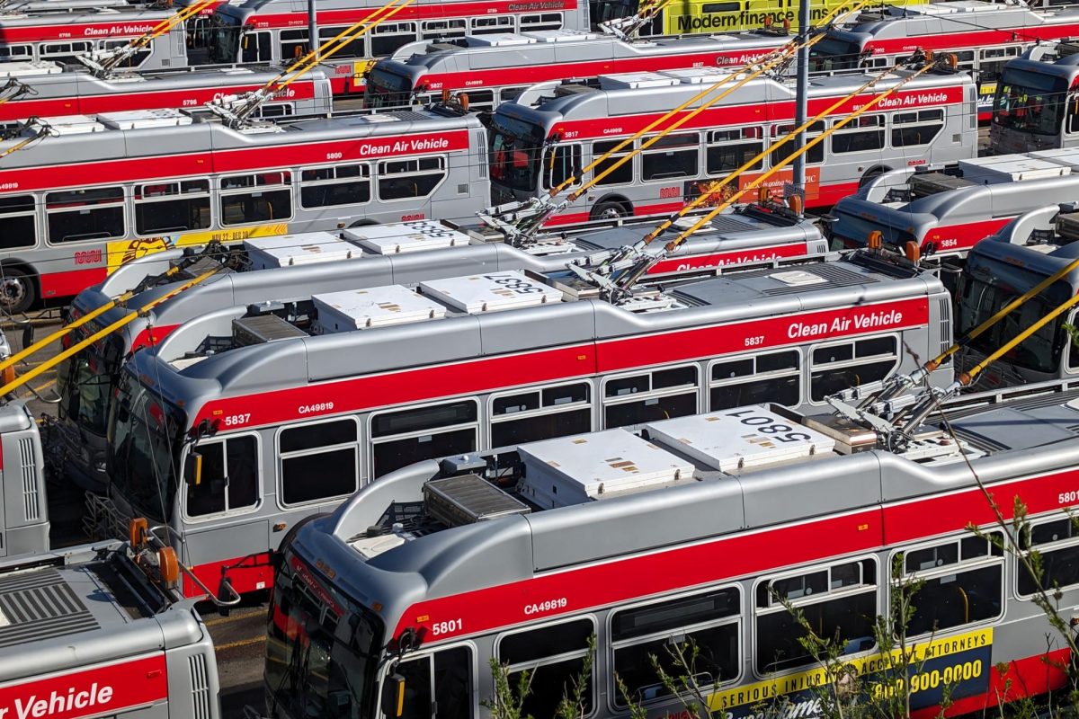 Muni trolleybuses parked at the Presidio Yard, which served as the SFMTA's original headquarters.