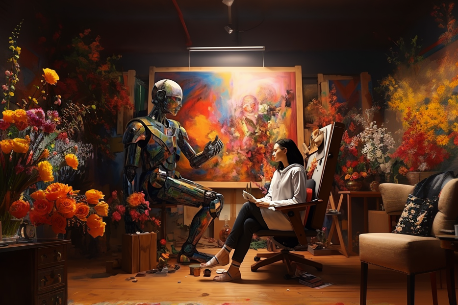 An artist and a robot sit in a room full of paintings, generated by Midjourney with the prompt “a wide angle picture of a female artist and a robot sitting in a room with paintings surrounding them.” (Andrew Fogel/Golden Gate Xpress)