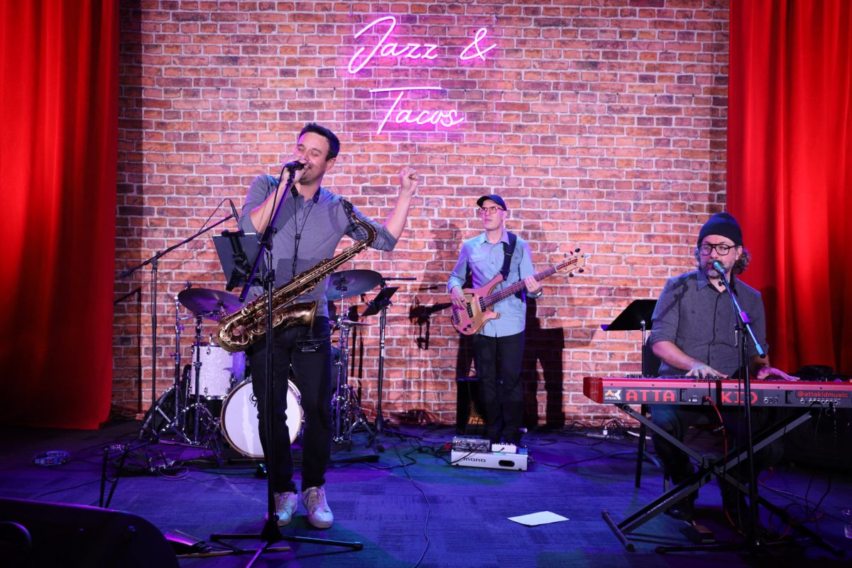 Atta Kid, a Bay Area-based band inspired by channeling the essence of New Orleans Funk music, took the stage at the Creative Art Building for an event combining jazz and tacos, on Dec. 6, 2023. (Feven Mamo/ Golden Gate Xpress)