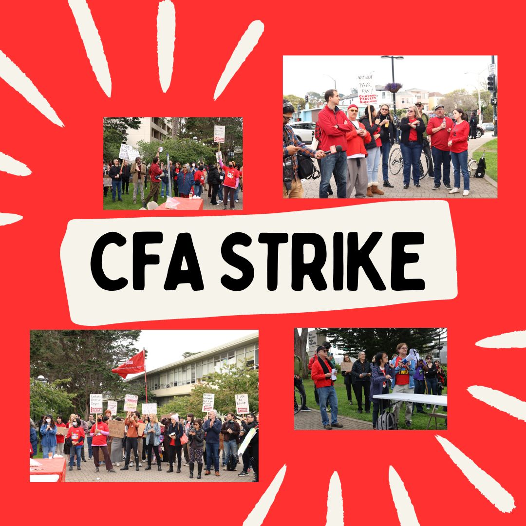 Graphic containing photos from the Oct. 26, 2023 CFA rally in the SFSU Quad. (graphic by Jonah Chanbliss and Photos by Kayla Williams/ Golden Gate Xpress)
