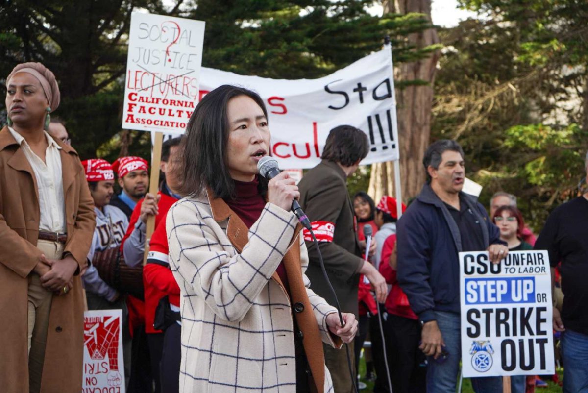 Supervisor Connie Chan addresses the CFA strike participants at San Francisco State University on Dec. 5, 2023. (Daniel Hernandez / Golden Gate Xpress)