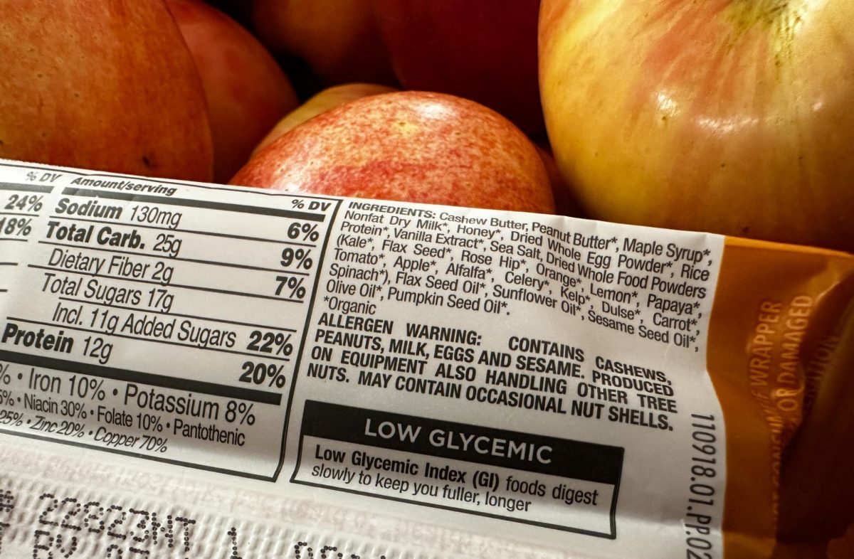  The ingredients list of a product with “specific ingredients listed” as a type of organic labeling. Per the USDA, products with less than 70% organic ingredients or methods cannot use the USDA-certified organic labeling and must instead list the specific ingredients. (Sunthi Jong/Golden Gate Xpress)


