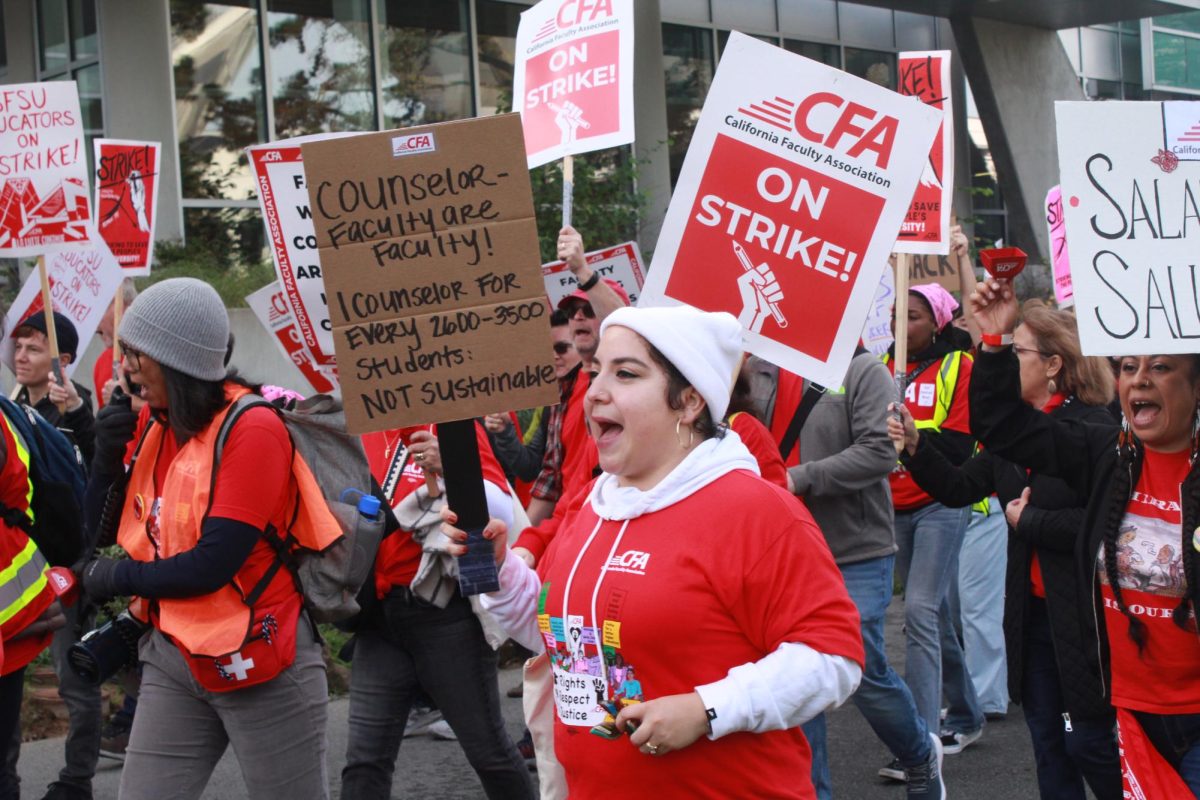 SFSU educators go on strike for better wages, pay equality and manageable workloads on Tuesday, December 5th, 2023 at San Francisco State University. (Kayla Williams / Golden Gate Xpress)