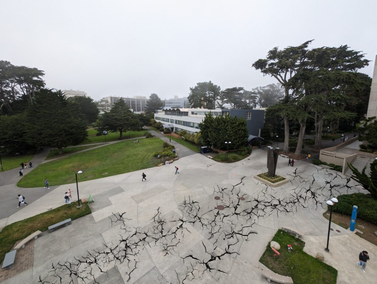 An illustration of cracked paths at SFSU on Oct. 17, 2023. (Neal Wong/Golden Gate Xpress)
